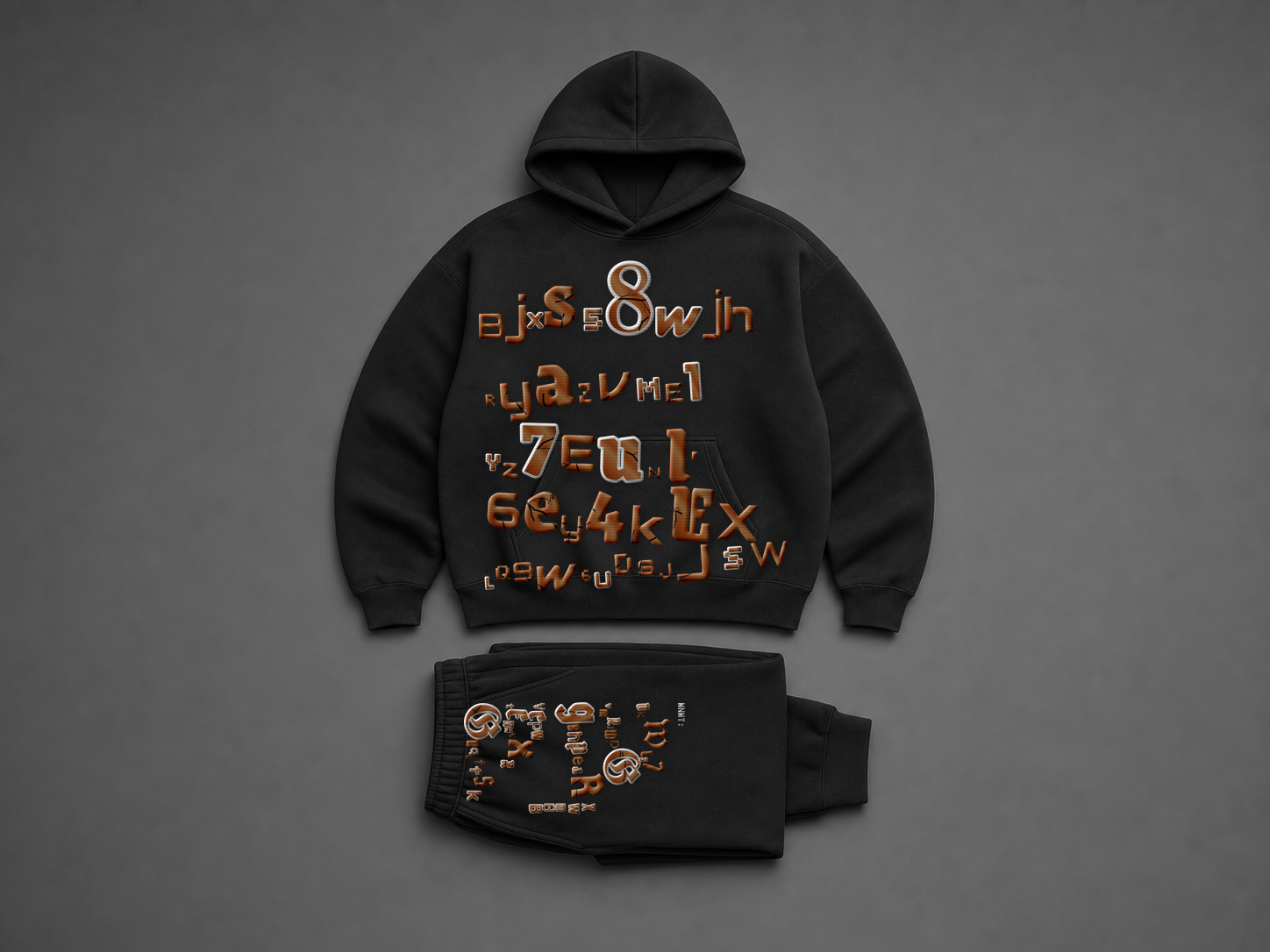 VOID Set 01 in black, photographed flat: an oversized hoodie embroidered across the chest with its own Solana wallet address in mixed blackletter and segment faces, with the matching pant below.